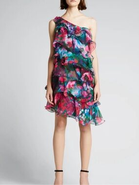 Marchesa Notte Ruffle-Tiered One-Shoulder Dress, size 14